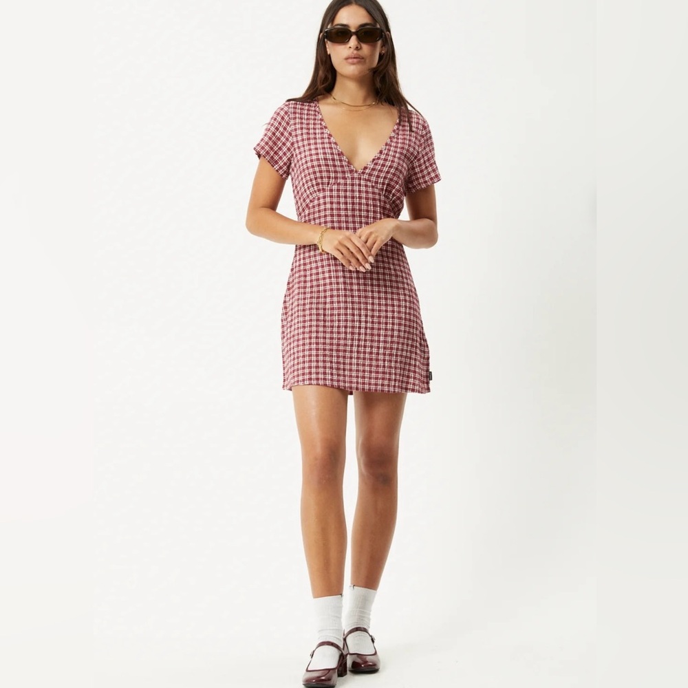 Afends Red and White Plaid V-Neck Blouse